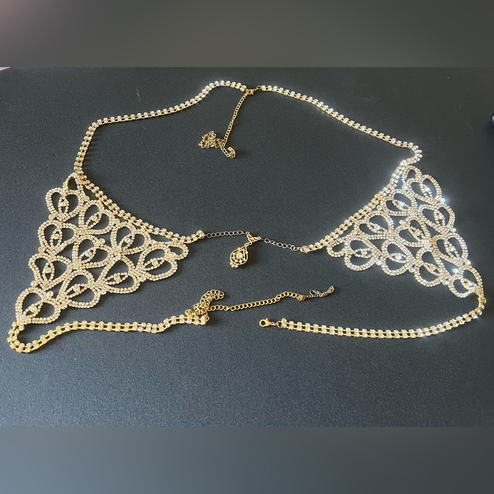 Rhinestone bra gold tone body chain